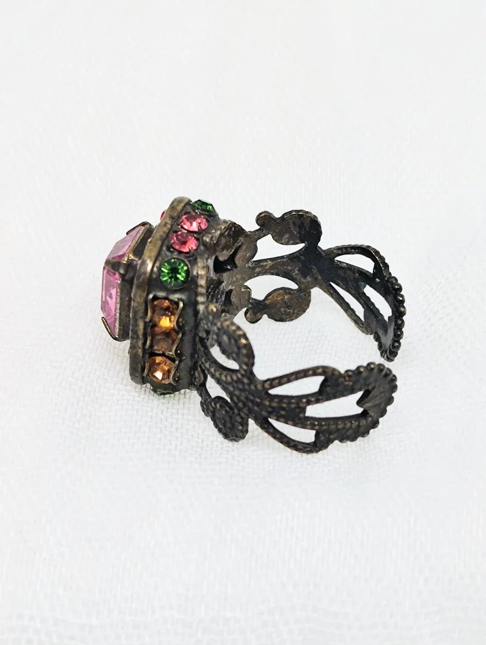 Sorrelli Juicy Fruit Statement Vintage Adjustable Ring Pink Green Stones